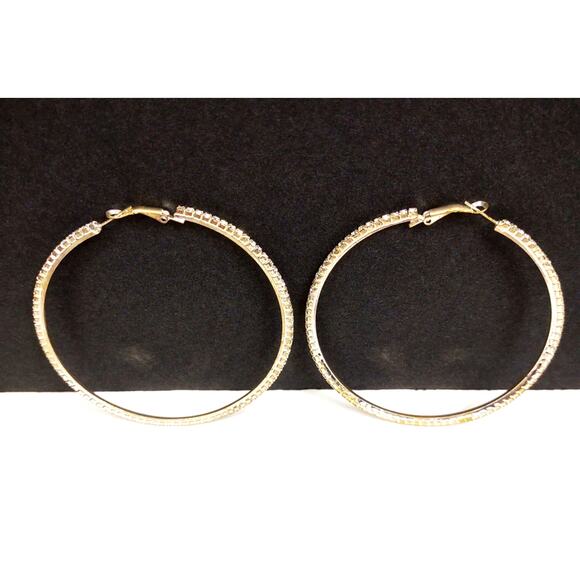 Large Sparkly Rhinestone Silver Tone Hoop Earrings 3" for Pierced Ears Leverback - Picture 2 of 9